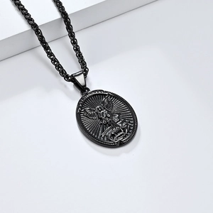 Black St. Michael archangel pendant necklace in stainless steel with shield design