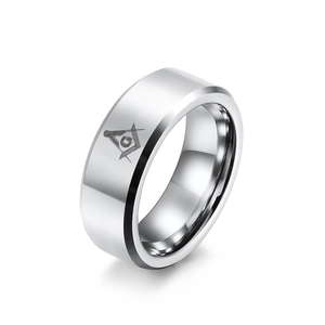 Anillo masónico de acero de tungsteno pulido plateado con escuadra y compás grabados