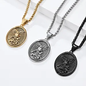 Vintage St Michael Archangel Stainless Steel Necklace For Men Religious Oval Shield Knight Protector Pendant Jewelry