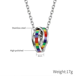 Detailed macro view of 6mm rainbow triple interlocking rings necklace in polished steel