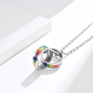 Rainbow double interlocking rings pendant on silver stainless steel chain for pride