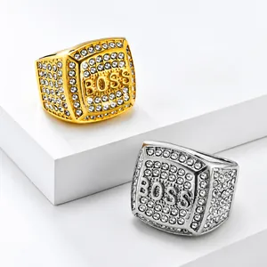 Hip Hop BOSS Buchstabe Edelstahl Ring Für Herren Gold Silber Galvanisiert Iced Out Strass Pave Siegelring Schmuck