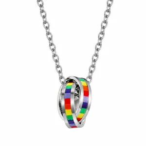 Pride LGBT Rainbow Interlocking Double Ring Pendant Necklace Stainless Steel Titanium Steel Jewelry For Men Women