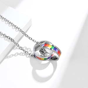 Rainbow double interlocking rings titanium steel necklace with silver O-chain