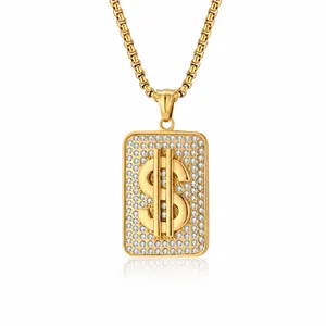 Hip-hop 18K gold plated dollar sign pendant necklace with micro-pave iced out crystals