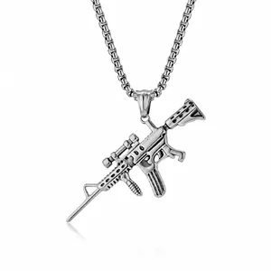 Vintage M416 assault rifle pendant necklace in silver titanium steel on white background