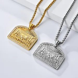 Hip hop titanium steel Last Supper rectangle pendant necklace with rhinestones in gold and silver
