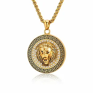 Hip hop gold plated stainless steel lion head pendant necklace with zircon and meander pattern