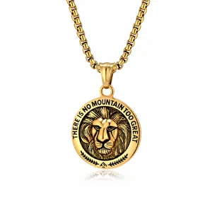 Hip Hop gold-plated lion head lion necklace with engraved inspirational motto for men