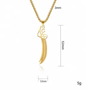 Detailed macro view showing the 52mm dagger pendant dimensions and 3mm chain width