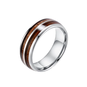 Polished tungsten steel ring with elegant double wood grain inlay for men and women
