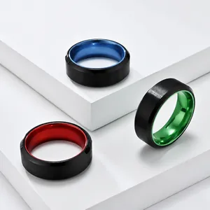 Minimalist Schwarz Gebürstet Edelstahl Ring Für Herren Two Tone Blau Rot Grün Innen Aluminium Eingelegt Geometrisch Fingerring Schmuck