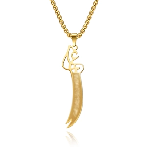 18K gold plated titanium steel dagger necklace with Arabic script cut-out design