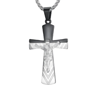 Two-tone stainless steel crucifix pendant necklace with silver and black cross design