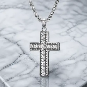 Roestvrij Stalen Griekse Meander Kruis Hanger Ketting Heren Hip Hop Strass Ingelegd Goud Zwart Zilver Religieuze Mode Cadeau