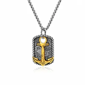 Collier rétro pour hommes en acier inoxydable avec ancre dorée et relief de vagues