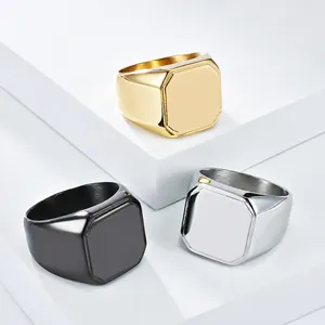 Bague Sceau en Acier Inoxydable Poli Minimaliste pour Hommes Femmes Vintage Octogonale Carrée Géométrique Bijoux de Mode