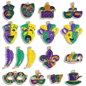 Mixed Alloy Enamel Mardi Gras Pendants Charms With Glitter Jester Hat Mask Fleur De Lis For DIY Jewelry Making Accessories