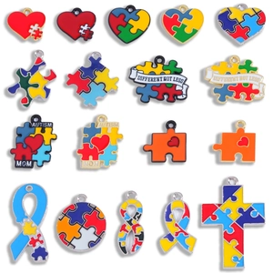 Colgante de Aleación Esmaltada Concientización sobre el Autismo Rompecabezas Corazón Cinta para Joyería DIY Accesorio