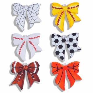 Acrylic sports bow pendants set including baseball, basketball, and soccer patterns