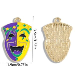 Carnival clown mask pendant in purple and yellow enamel with dimensions 3.5cm by 1.9cm