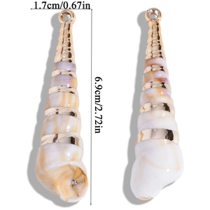Macro detail of acrylic conch shell pendant with gold trim and 6.9cm height size guide