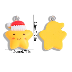 Detailed view of yellow resin Christmas star pendant with hat and size dimensions