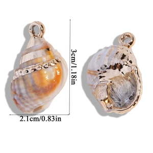 Macro view showing shell pendant size details with gold metal edges and pearl texture