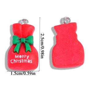 Detailed views of a 2.5cm red Christmas gift box charm with a green bow and metal ring