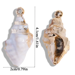 Detailed view of natural conch shell pendant with gold plating and size measurements