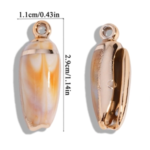 Detailed view of gold-rimmed shell charms with precise height and width measurements