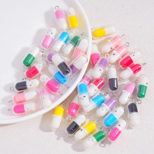 Colorful 3D capsule-shaped DIY resin pendants with cute emoji faces and metal rings