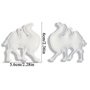 Dual camel-shaped pendants with blue accents and precise dimensions of 6cm by 5.6cm
