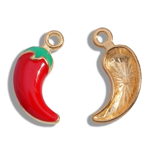 Red chili oil drop pendant set with gold metal edges and detailed hollow back for DIY jewelry