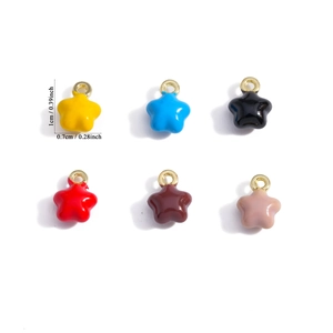 Set of six colorful enamel star pendants with gold rings and size measurements