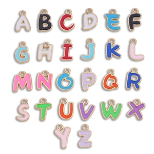 Set of 26 colorful enamel A-Z alphabet charms with gold alloy frame for DIY jewelry