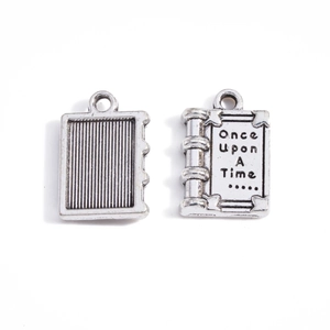 Antique silver 'Once Upon A Time' book pendant charm with detailed engraving for DIY jewelry