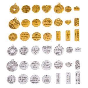 Vintage Alloy Inspirational Letter Pendant Charms For DIY Necklace Keychain Engraved Heart Star Moon Round Plate Word Jewelry Findings
