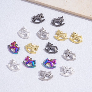 Hammered alloy rocking horse pendants in silver, gold, grey and rainbow for DIY jewelry