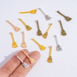 DIY alloy magic broom charms for necklaces in gold, silver, rose gold, and bronze finishes