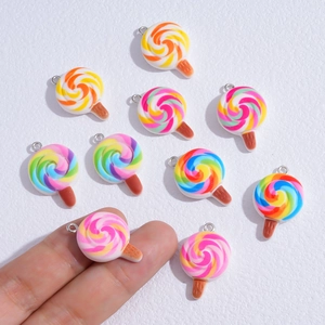 Rainbow swirl resin lollipop charms with silver metal rings for DIY jewelry making