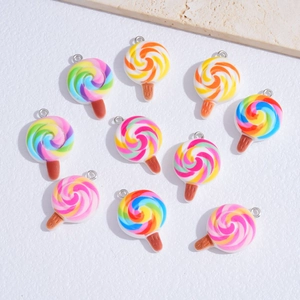 Rainbow swirl resin lollipop charms with metal rings for DIY jewelry making and crafts