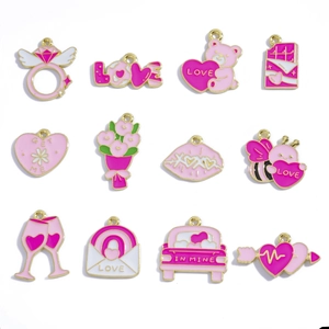 Lot de 12 breloques émaillées roses en forme de cœur et d'ours pour bijoux DIY