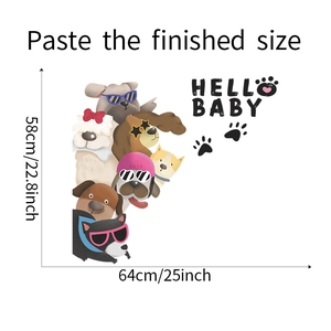 Detailed size chart for cute cartoon dog wall decals showing finished 64cm x 58cm dimensions