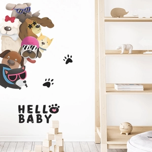 Cartoon dog wall decals set with Hello Baby text for nursery and kids room decor