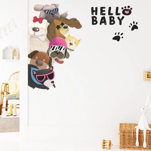 Cartoon dog wall stickers set with Hello Baby text for nursery and kids room decor