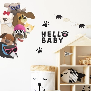 Cartoon dog wall stickers with Hello Baby text for children's room wall decoration