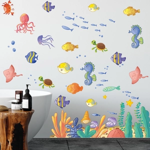 Cartoon Undersea World Sea Life Wall Stickers For Kids Room Bathroom PVC Waterproof Removable Ocean Animals Coral DIY Home Decor