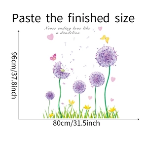 Wall decal sticker featuring purple dandelions with butterflies and size dimensions