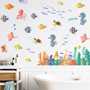 Self-adhesive ocean world wall stickers with cartoon fish and coral for kids room